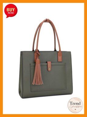 Bonded Leather Tote with Hidden Pocket Laptop Work Bag Shoulder Bag